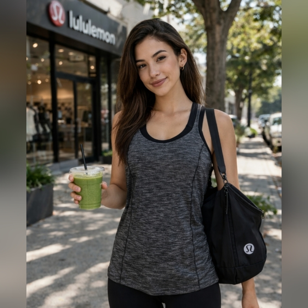 Lululemon Athletica Strappy Tank Top Black Heathered Gray Built-In Bra Athletic